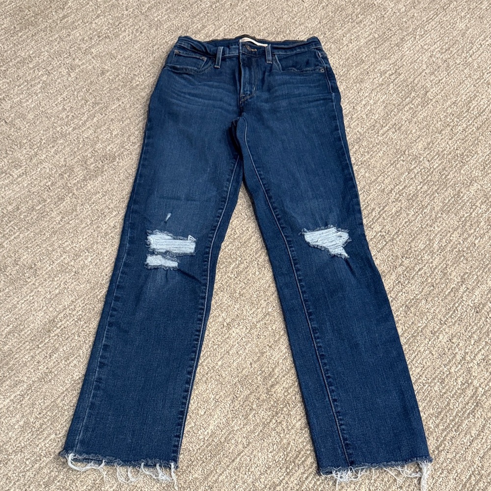Levi's Dark Blue Distressed Straight Leg Jeans